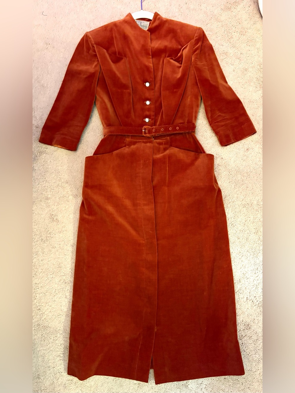 Vintage 1940s Rust Orange Velvet Dress Rhinestone Button Up XS 25” Waist
